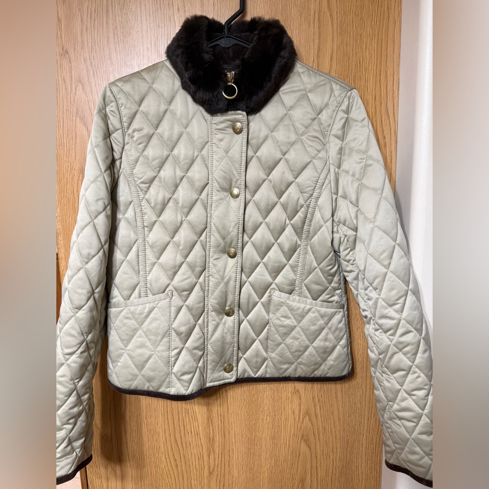 COACH Women’s  Jacket-Size Small Tan-Quilted Rabbit Fur Collar-Gold Snaps